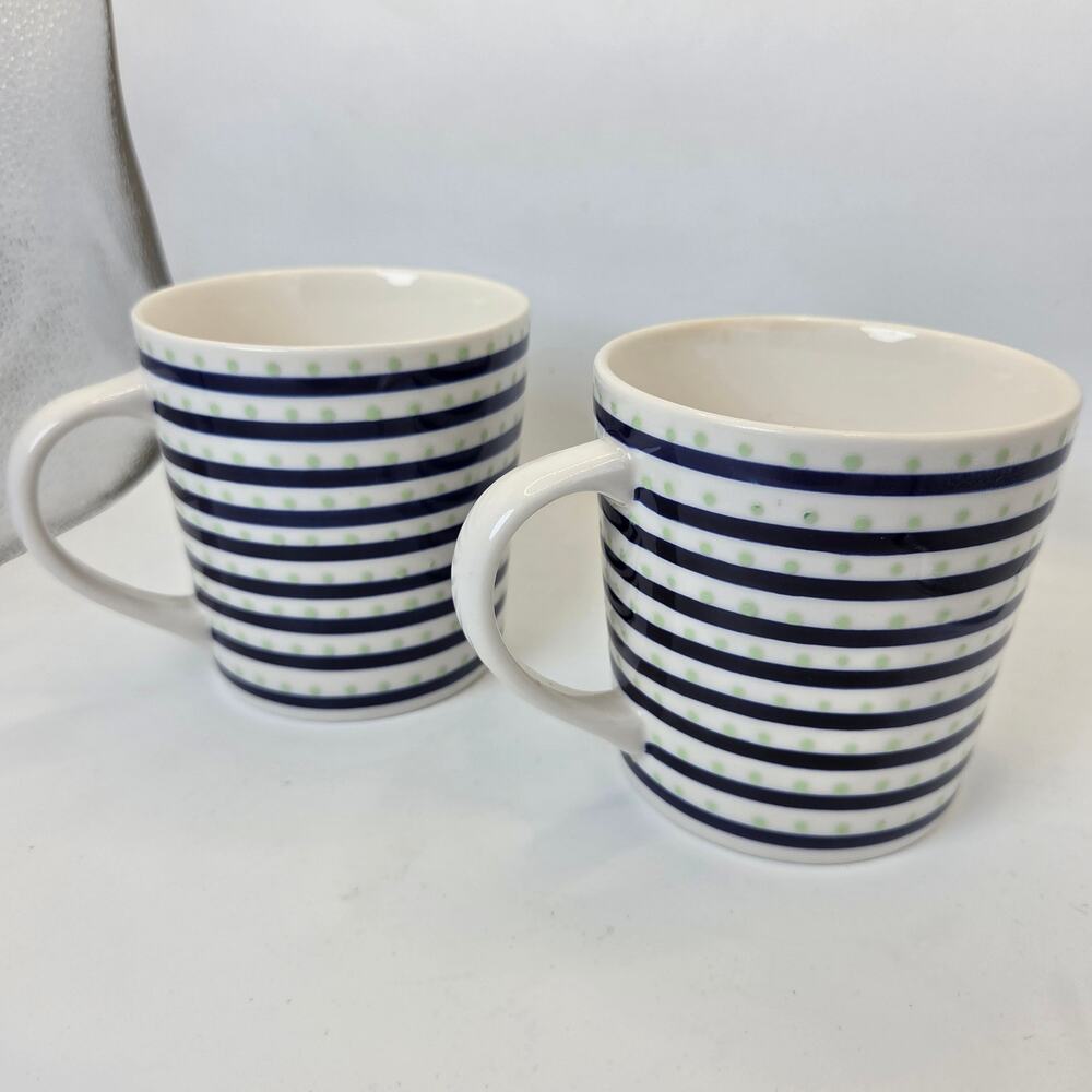 Starbucks Barista 2003 Blue Stripe Green Dot Coffee Mugs Set of 2 Ceramic